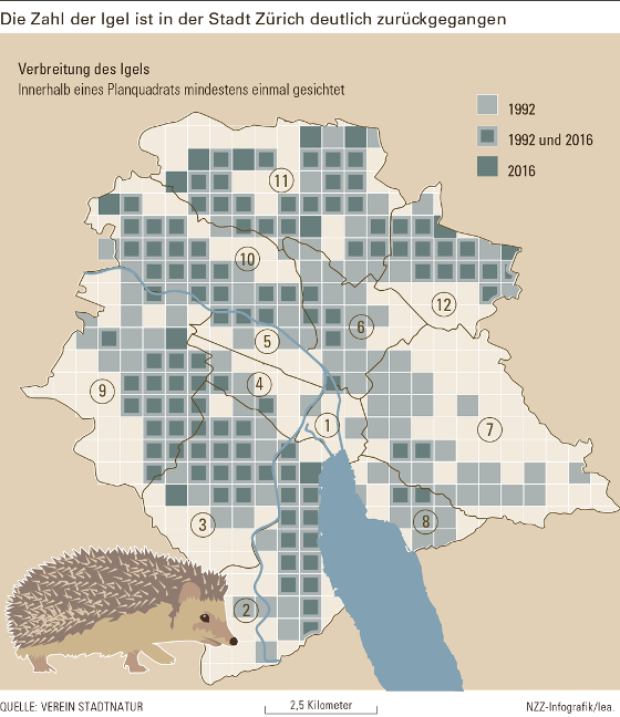 Verbreitung der Igel in der Stadt Zürich 1992-2016